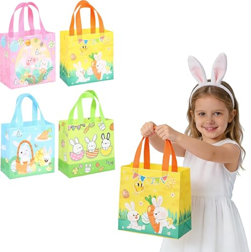 XIANZHE Osterkörbchen, 4 Stück Osternester Zum Befüllen, Oster Taschen Mit Verschiedenen Mustern, Ideal Für Ostereiersuche, Geschenkverpackung Und Kinderpartys, Ostertüten 23x11x22cm