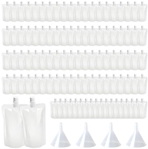 100 Pcs Drink Pouches,200ml Refillable Plastic Drink Pouches with 4 Funnels,for Cold Hot Liquid,Parties Travel.