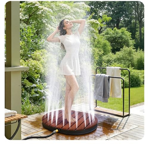Ollewiellan Doccia da pavimento per esterni in WPC, doccia da giardino con piastra di base, doccia per piscina con 22 ugelli in ottone, fontana d'acqua fino a 4 m, distributore a Y per acqua fredda