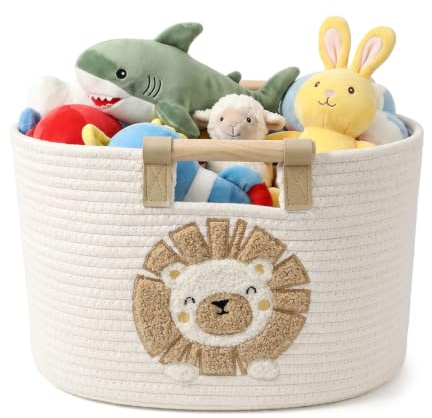 Aufbewahrungskorb Kinderzimmer Spielzeug Aufbewahrung, 19L Korb mit Holzgriffen, Wickeltisch Organizer Baumwollseil Geflochten Spielzeugkorb für Kinderzimmer Regale Badezimmer Wohnzimmer-Cartoon Lion
