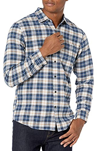 Amazon Essentials Men's Slim-Fit Long-Sleeved Button-Down Plaid Flannel Shirt, Blue Brown Plaid, XXL