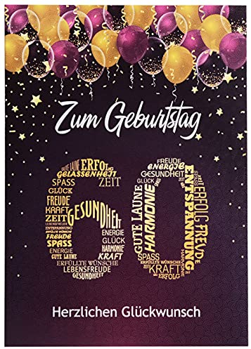 Libetui Cards Glückwunschkarte 60. Geburtstag Geburtstagskarte A5 Zahl 60 Glückwünsche Pink Lila Karte 60 Geburtstag Frauen Männer Geschenkkarte Oma Opa Mama
