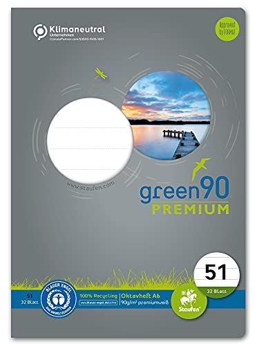 Staufen Green Oktavheft - DIN A6, Lineatur 51 (7mm liniert), 32 Blatt, 90g/m² Recyclingpapier, runde Ecken verhindern „Eselsohren“, 1 Stück