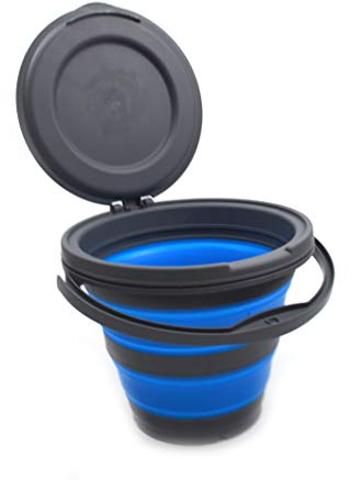 SAMMART 5L Collapsible Fishing Bucket with Removable Lid - Foldable Round Tub - Portable Plastic Water Pail - Space Saving Outdoor Waterpot - Trunk Organizer For All Types Of Vehicles (Grey/Blue)