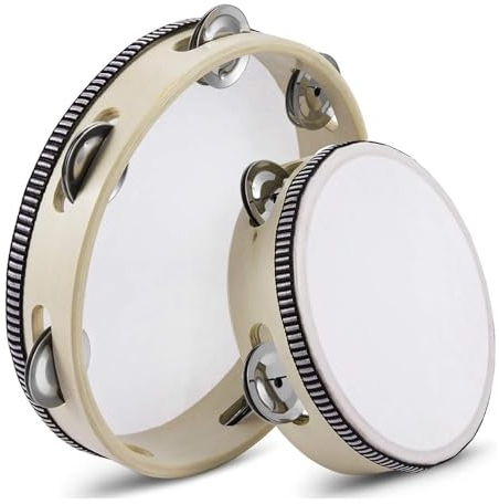 Flexzion Tamburin, Handtrommel mit Handgriff - 2er-Pack, 20cm+15cm Schellenkranz in Mond-Form aus Holz, Musik Schlaginstrument, 1-reihige Schellenring mit Metall Schellen, Schlagzeug, Beige