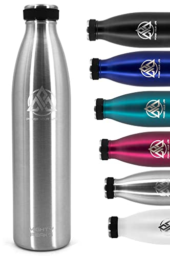 MIGHTY PEAKS Borraccia in acciaio inox, 750 ml, colore argento, bottiglia termica isolata, senza BPA, a doppia parete, a prova di perdite, anidride carbonica, frizzante e bambini