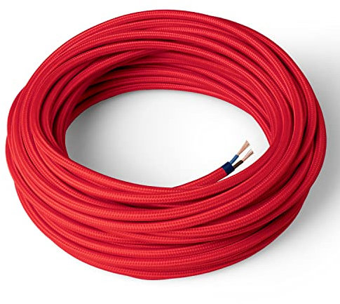 Amarcords - Câble électrique textile couleur ROUGE, rond, soie, 5 mètres, à 2 brins 2x0,75 - Fil vintage en tissu coloré, pour lampes, lustres, appliques et abat-jours.