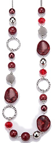 Bulinlin Damen Lange Perlenkette Statement Boho Silber Metallkette Hochzeitstag Modeschmuck Geschenke Pullover Halskette für Frauen(Red)