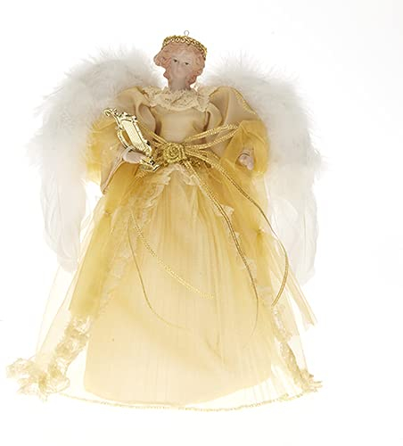 rf collection 26cm Weihnachtsengel Engel Federflügel Christbaum Gold Schmuck Winter Weihnacht Dekoration Figur Fellmantel und Goldener Harfe für Christbaum Baum Spitze