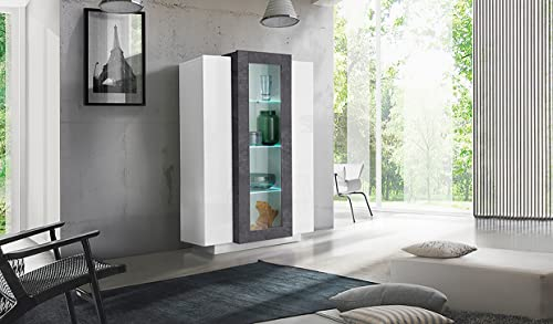 möbelando Vitrine Standvitrine Vitrinenschrank Beistellschrank Standschrank Catania I Weiß Hochglanz/Schiefer Nachbildung