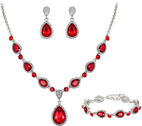 Clearine Y-Halskette + Ohrringe und Armband Marquise Kristall Tennis Armkette Hochzeit Braut Träne Diamant Kostüm Schmuckset für Damen Rubin-Rot Silber-Ton