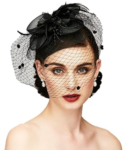 Losuya Fascinator mit Schleife, Federn, Schleier, Netz-Stirnband, Hut für Damen, Dekorationen, Schwarz , Medium