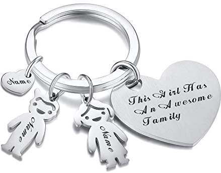 VNOX Porte-clés personnalisé avec 4 noms de famille Kids Girl Figures & Boy Figures Porte-clés Porte-clés gravé Cadeau pour papa maman frères sœurs fête des pères fête des mères anniversaire