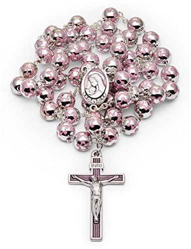 Mondo Cattolico - Rosario Católico del Sagrado Corazón de Jesús con Cuentas de Plata 925 Decoradas con Flores (Rosa)