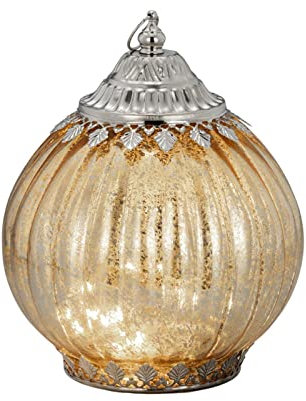 Deko-Glaslaterne goldfarben - 19 x 15 cm verzierte Laterne im Glockenstil mit 7er LED-Lichterkette, An/Aus-Schalter & Aufhängering - festliche Tisch- & Hängedeko für Zuhause & Geschenkidee
