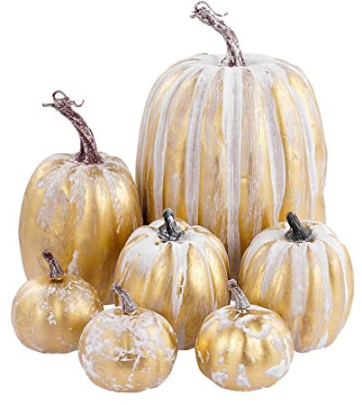 PW TOOLS 7 Calabazas Oro Cepillado Surtidas, Negras e Imitación Grandes para Exteriores, Cosecha Otoño, Halloween y Decoración Acción de Gracias