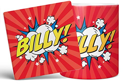 Mug Monster - Personalised Name Mug, Comic Super Hero Customised Gift with Text - Ceramic Coffee Cup, Gift for Men or Women, Extra Large and Giant Available, 20oz White & Coaster, Red