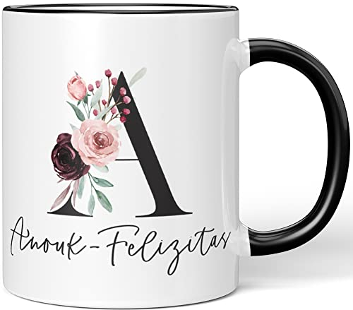 JUNIWORDS Tasse, Anouk-Felizitas, Name Anfangsbuchstabe Initial Alphabet Floral Buchstabe A Monogramm Motiv, Schwarz (5556554)