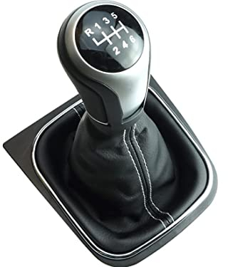 Newtown2700-parts Schaltknauf Schaltmanschette und Rahmen kompatibel für VW Golf 5 6 Jetta Scirocco Komplettset 1K0711113 5K0711113 1K8711113 6 Gang Silber weiße Naht, schwarze Kappe