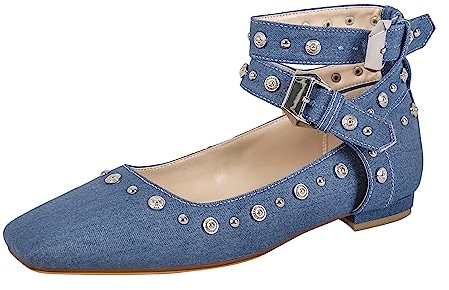 Only maker Damen Riemchenpumps Riemchen Ballerinas Flache Schuhe mit Schnalle Nieten Eckige Denim Schuhe Jeansblau 40 EU