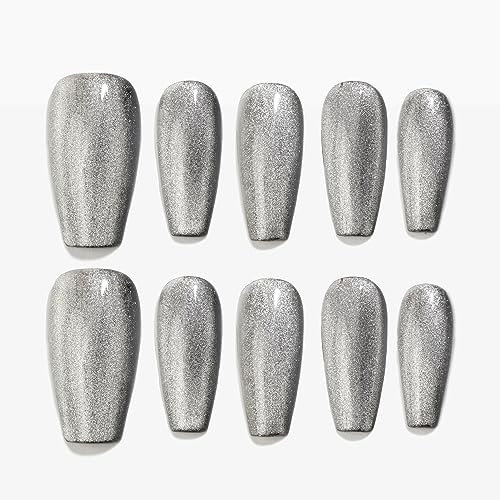 Sun&Beam Nails Handmade Press-On Medium Long Coffin Ballerina with Silvern Black Cat Eye Design Charm Cute False Nail Tips 10 Pcs (#105 S)