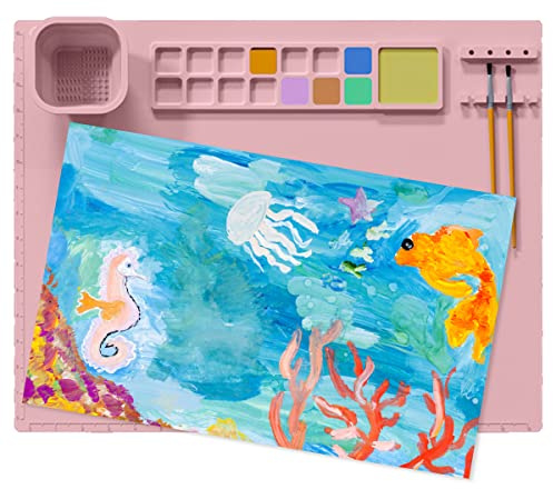 Silicone Painting Mat for Kids 21 × 18inch Silicone Craft Mat Kids Art Mat with Palette Cup Holder Non-Stick Sheet for Crafting Watercolour Painting Cutting Art Creation Clay and DIY Projects (Pink)