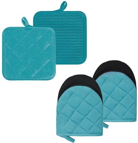 Oven Mitts and Pot Holders Set, Pack of 4, Heat Resistant Silicone Kitchen Mini Oven Mittens for 500 Degrees, Mini Oven Gloves and Hot Pads for Baking Grilling Barbecue Microwave Machine Washable