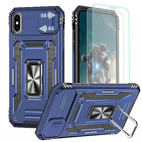 YmhxcY For iPhone X and iPhone XS Case With 2*PET Screen Protector, Slide Camera Cover,360° Rotate Metal Stand, For Apple iPhone X and Apple iPhone XS 5.8“-Blue