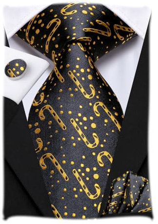 Hi-Tie Herren Weihnachtskrawatte Set Krawatte Einstecktuch Manschettenknöpfe Set Match Rentier Schneeflocke Xmas Baum Muster für Hochzeit Prom,Schwarzgoldene Zuckerstange
