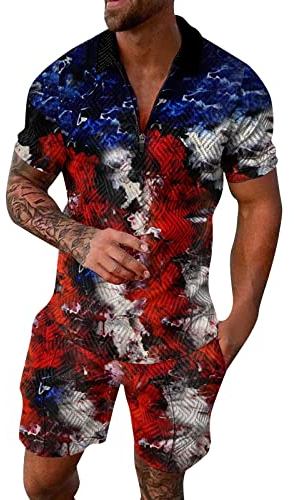 Generisch Fechten Anzug Mens Fag Mode Freizeit Seaside Beach 3D Digitaldruck Reißverschluss Kurzarm Hemd und Shorts Anzug Zweiteiler Anzug Mit Mantel (Red, XXL)