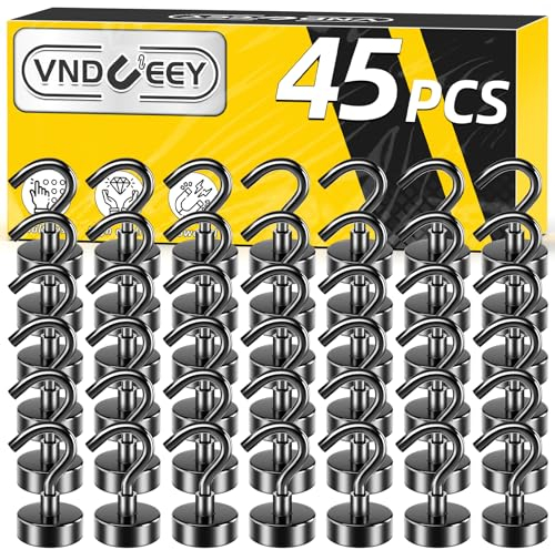VNDUEEY 45 Stück Schwarze Magnethaken, 11,3 kg Starke Magnethaken zum Aufhängen, Magnethaken Schwerlast, Kühlschrankmagnete Neodym mit Haken für Kreuzfahrt, Küche, Arbeitsplatz, Büro und Garage