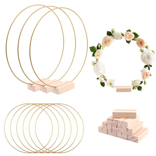 Metallring mit Holzständer Set, 10 Stück Gold Metallringe zum Basteln mit 10 Holzständer, 25cm Metallring Makramee Ringe, Drahtringe zum Basteln, für Hochzeitskranzdekor, DIY usw.