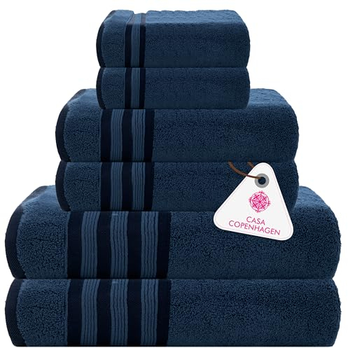 Casa Copenhagen Zero Twist, Juego de Toallas 6 Piezas 100% algodón, Azul Marino, 600 g/m², 2 paños de baño, 2 Manos, 2 Manoplas de algodón Egipcio, Toallas Lujo ultrasuaves para Hotel, SPA, Cocina