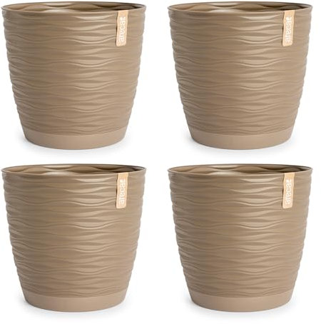 PracticDomus Lote de 4 Macetas Decorativas Redondas Wind con Platos Integrados (17 cm, Taupe)