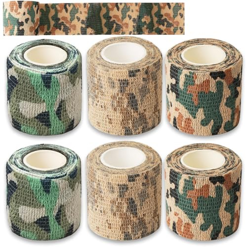 FlyWave Camo Tape 50mm*4.5m, 6 Rollen Outdoor-Tarnung Tarnband Selbsthaftend, Objektiv Tarnung, Geeignet für Outdoor-Camping-Jagd-Fotografie Camouflage Tape