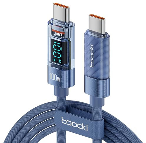 toocki Cable USB C a USB C 100 W, 2 M Cable Carga Rapida con Pantalla LED, Nailon PD QC5.0 para iPhone 16/16 Pro/16 Pro Max MacBook Pro Air iPad Pro Air Galaxy S24 S23 Pixel, Azul