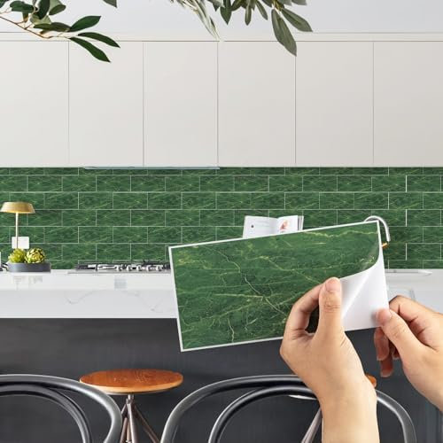 Fantasnight Tile Stickers Green, Marble Peel and Stick Tiles 20x10cm 10pcs, Waterproof Self Adhesive Wall Tiles Vinyl, Stick On Wall Tiles for Kitchen Backsplash and Bathroom