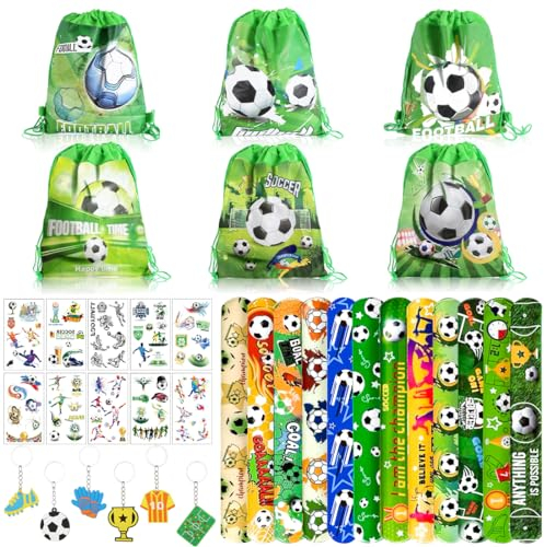 46 Stück Fußball Mitgebsel Kindergeburtstag, Fußball Party Mitgebsel Kinder, Fußball Party Gastgeschenke Set, mit Kordelzug Taschen Schnapparmband Tätowierungen Schlüsselanhänger