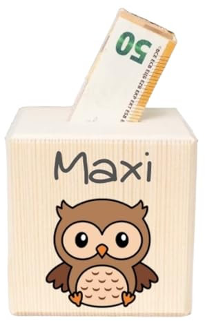Spardose personalisiert mit Namen - 10x10cm aus Holz mit Schloss - Spardosen mit gravierten Namen - Taufgeschenke für Mädchen/Junge - Geschenk zur Geburt oder Taufe - Waldtiere (Eule Motiv)