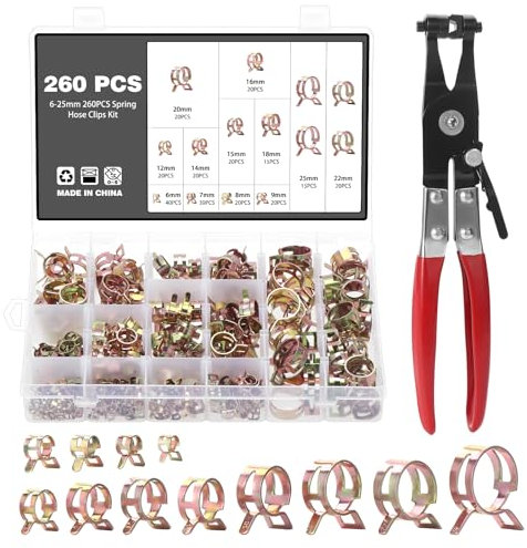 Knpwer 260 Pcs Spring Clips, 12 Sizes Fuel Line Clips, Water Pipe Air Tube Silicone Vacuum Hose Clamp Fastener with Hose Clamp Pliers 6-25mm