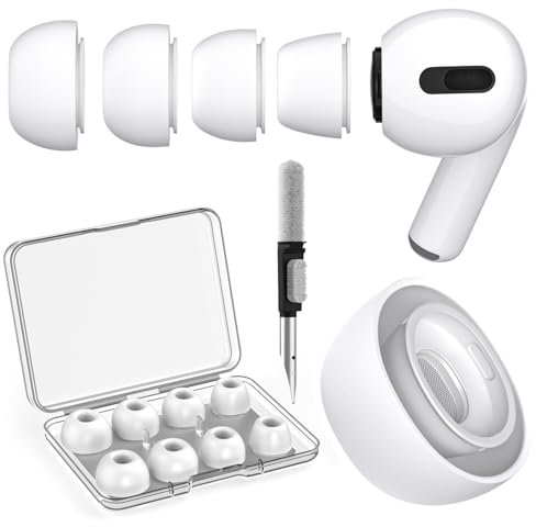 SOGUDE 4 Paar Ersatz Ohrstöpsel Airpods Pro 1/ Airpods Pro 2 mit Loch zur Geräuschreduzierung, Airpods Pro Aufsätze mit Tragbarer Aufbewahrungsbox, Silikontips mit Cleaner Stift XS/S/M/L-Weiß