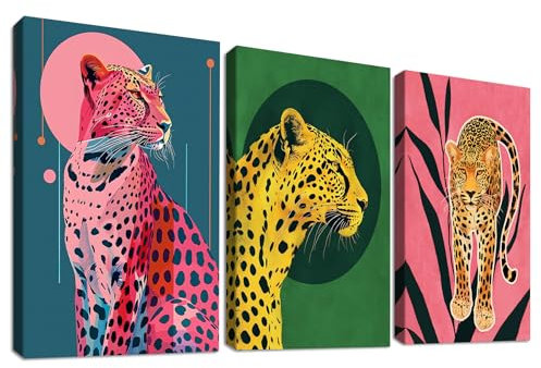 3 Pcs Gelbes Tier Leopard Mit Rahmen Leinwand Bilder Bunter geometrischer Kreis Bild auf Leinwand Malerei Wandbilder Wanddeko Wohnzimmer Schlafzimmer Badezimmer Dekorationen 150x70cm (20x28x3pcs)