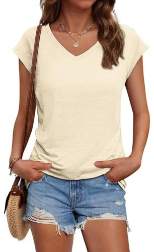 Suncife Womens Summer Casual Loose Fit T Shirt Cap Sleeve V Neck Tshirts Tops (Apricot,S)