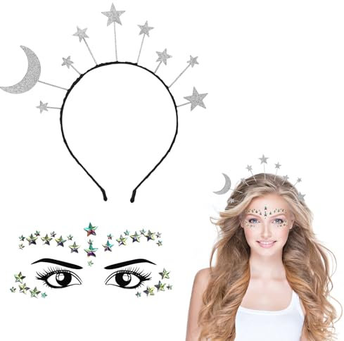 BCVSER Haarreif Sterne + Glitzer Gesicht Sticker Strasssteine Gesicht Tattoos, Mond Haarreif, Karneval Kostüm, für Karneval, Fasching, Mottoparty, Cosplay