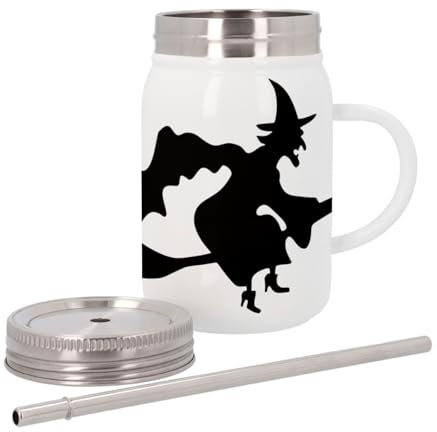 Mug Isotherme en Inox avec Couvercle et Paille - Halloween Sorciere Balai Nez Crochu Magique - 500 ml - Tasse Thermo
