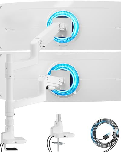 ARES WING Support Double Écran PC pour Moniteurs 17-49 Pouces, Support d'écran PC réglable en Hauteur avec Câble d'extension USB, Pivot et Rotation, Charge Maximale 20kg,VESA 75/100 mm,Blanc