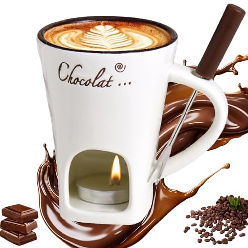 Tasse à Fondue au Chocolat, 130 ML Services à Fondue au Chocolat, Tasse à Fondue au Chocolat en Céramique, Tasse à Fondue avec Fourchette et Bougie À Thé, Tasse à Fondue pour Bonbons et Chocolat