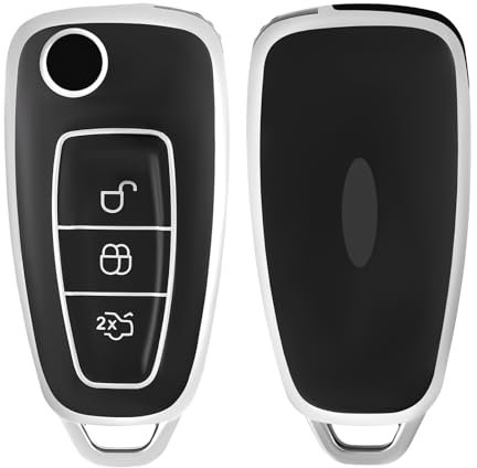 OFF WE GO Autoschlüssel Hülle Schlüssel Hülle Schlüsselhülle Cover für Ford MK4 Mk8 Kuga Fiest Focus Galaxy Transit Custom Connect Tourneo Mondeo Auto Schlüsselcover Schutz Gehäuse, Schwarz Silber