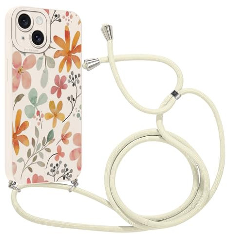 Kueqeay Handyband für iPhone 15 Hülle mit Band 6,1'', Aesthetic Weißer Blume Muster Verstellbarer Halskette Handyhülle mit Kordel zum umhängen Silikon Stoßfest Schutzhülle mit Kette, 01