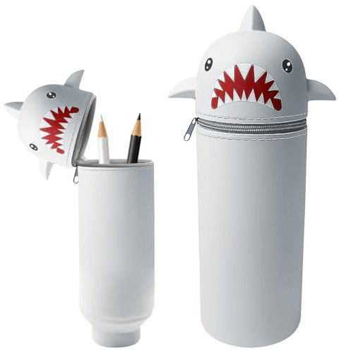 Alovez 2 in 1 Weiche Silikontasche Kawaii Federmäppchen, Cartoon Federmäppchen, Stand Up Federmäppchen, Stifthalter Bleistifttasche Mädchen Junge (Haie Grau)